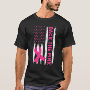 背中にピンク色のアメリカ国旗のリボン乳がんA Tシャツ