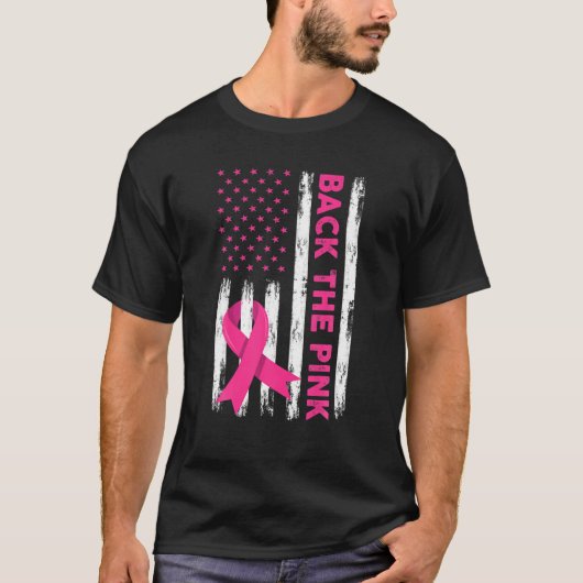 背中にピンク色のアメリカ国旗のリボン乳がんA Tシャツ (正面)