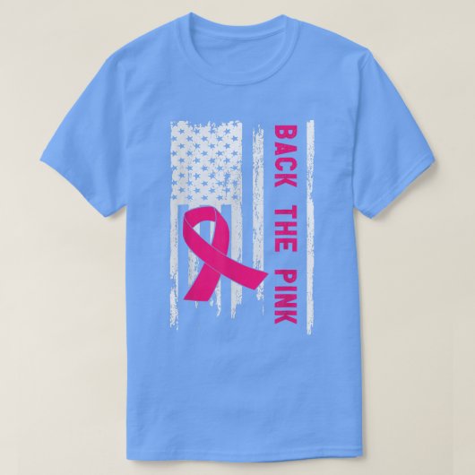 背中にピンク色のアメリカ国旗のリボン乳がんA Tシャツ (デザイン正面)