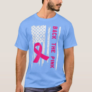 背中にピンク色のアメリカ国旗のリボン乳がんA Tシャツ