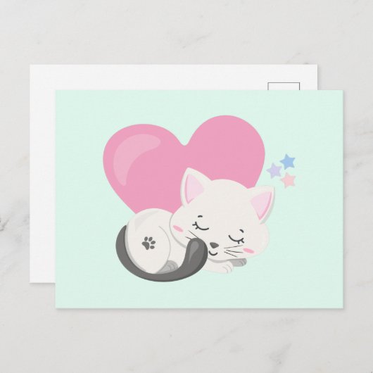 背中に大きなハートを背負って眠る甘い子ネコ ポストカード (正面/裏面)