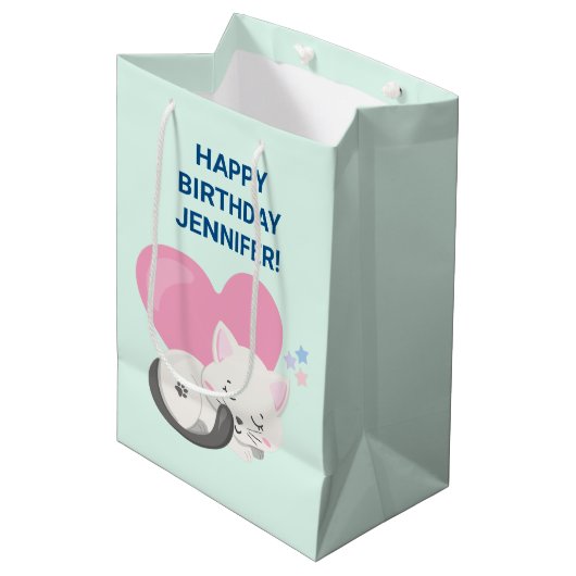 背中に大きなハートを背負って眠る甘い子ネコ ミディアムペーパーバッグ (正面アングル)