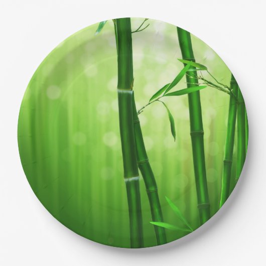 背中に《写真》ぼけ味淡い色の灯を付けた緑の竹 ペーパープレート (正面)