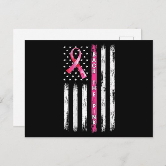 背中のピンクのリボンのアメリカ国旗の乳がんA ポストカード (正面/裏面)