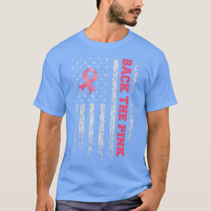 背中のピンクのリボン米国のフラグ乳がん粟粒 Tシャツ