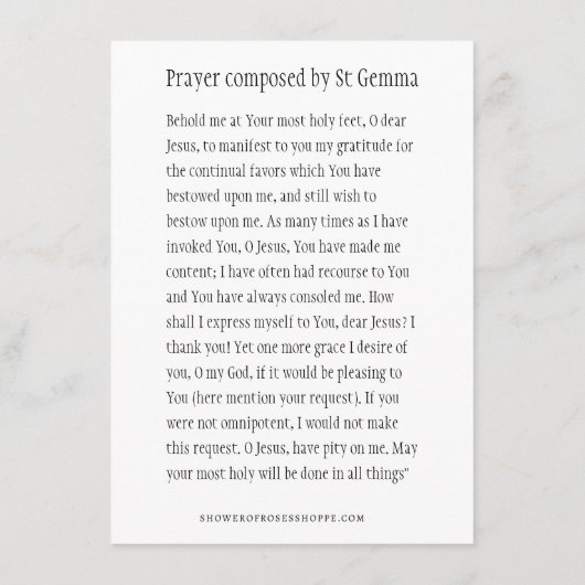 背中の痛みの聖カードの聖ジェムマ・ガルガニ聖人 エンクロージャーカード (裏面)