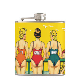 背後からピンアップした女の子が三人、ビーチユーモアおもしろい、 フラスク