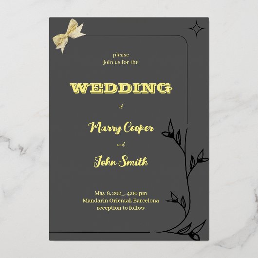 背景が灰色のキュートな枝枠のデザイン 箔招待状 (正面)