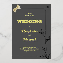 背景が灰色のキュートな枝枠のボーダー デザイン 箔招待状