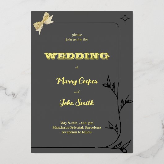 背景が灰色のキュートな枝枠のボーダー デザイン 箔招待状 (正面)