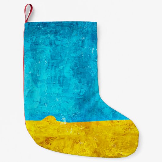 背景が青い黄色のアート スモールクリスマスストッキング (正面)