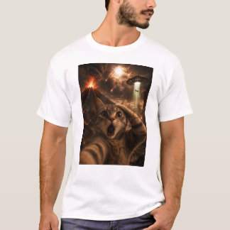 背景にカオスが広がる驚いた猫 Tシャツ