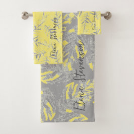 背景にグレー葉と黄色のストライプの バスタオルセット