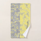 背景にグレー葉と黄色のストライプの バスタオルセット (ハンドタオル)