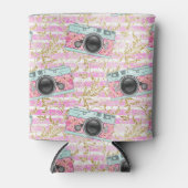 背景にピンクのストライプのクーラーボックス 缶クーラー (正面)