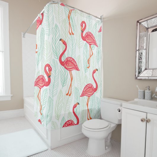 背景にピンクのフラミンゴのオーナメントを付けた模様 シャワーカーテン (インサイチュ)