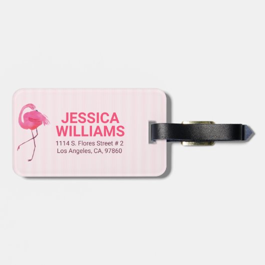背景に可愛いピンクのフラミンゴストライプの ラゲッジタグ (裏面横)