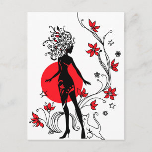 背景に女性の影絵のフローラ ポストカード