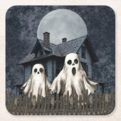 背景に恐ろしい白い幽霊が幽霊のよく出るある スクエアペーパーコースター (正面)