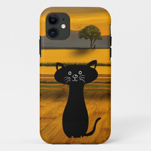 背景に日没のキュートな好奇心の黒猫 Case-Mate iPhoneケース (裏面)