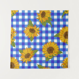 背景に明るいひまわり市松模様に花。ビンタ タペストリー