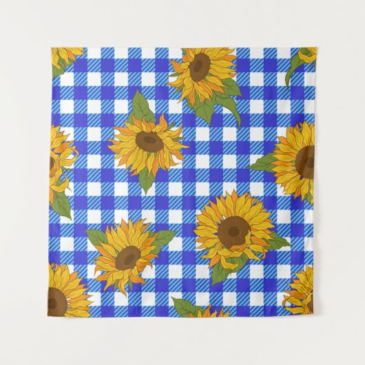 背景に明るいひまわり市松模様に花。ビンタ タペストリー (正面)