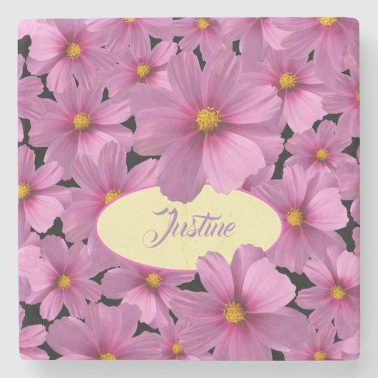 背景に紫色のコスモスデザイン ストーンコースター (正面)