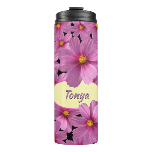 背景に紫色のコスモスデザイン タンブラー (正面)