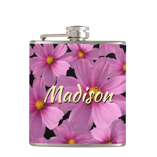 背景に紫色のコスモスデザイン フラスク (正面)