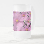 背景に紫色のコスモスデザイン フロストグラスビールジョッキ (正面右)