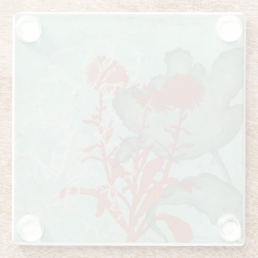 背景に赤い花のシルエットティール（緑がかった色） ガラスコースター (裏面)