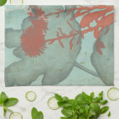 背景に赤い花のシルエットティール（緑がかった色） キッチンタオル (折り畳み)