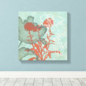 背景に赤い花のシルエットティール(緑がかった色) キャンバスプリント (インサイチュ (ウッドフロア))