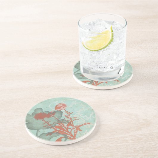 背景に赤い花のシルエットティール（緑がかった色） コースター (側面)