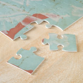 背景に赤い花のシルエットティール(緑がかった色) ジグソーパズル (側面)