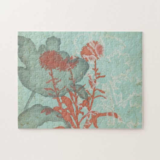 背景に赤い花のシルエットティール(緑がかった色) ジグソーパズル (横)