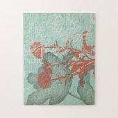 背景に赤い花のシルエットティール(緑がかった色) ジグソーパズル (縦)