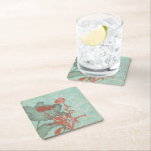 背景に赤い花のシルエットティール(緑がかった色) スクエアペーパーコースター (インサイチュ)