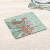 背景に赤い花のシルエットティール(緑がかった色) スクエアペーパーコースター (アングル)