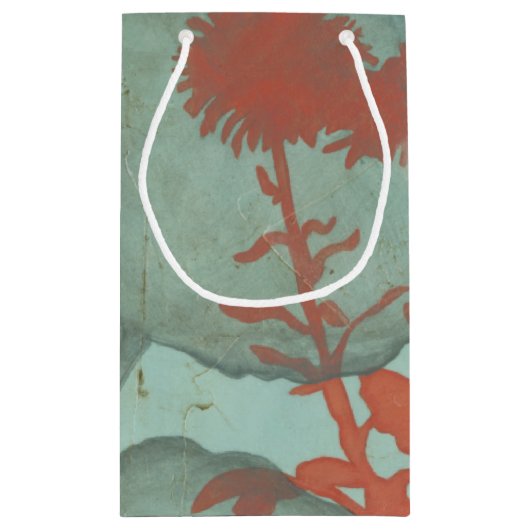 背景に赤い花のシルエットティール（緑がかった色） スモールペーパーバッグ (裏面)