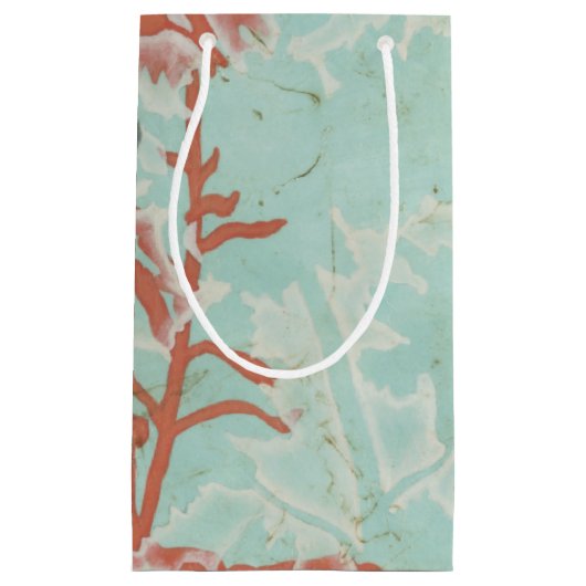 背景に赤い花のシルエットティール（緑がかった色） スモールペーパーバッグ (正面)