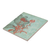 背景に赤い花のシルエットティール(緑がかった色) タイル (側面)