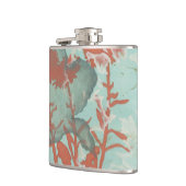 背景に赤い花のシルエットティール(緑がかった色) フラスク (左)