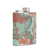 背景に赤い花のシルエットティール(緑がかった色) フラスク (右)