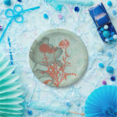 背景に赤い花のシルエットティール（緑がかった色） ペーパープレート (パーティー)