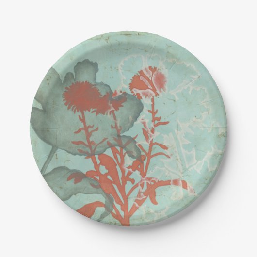 背景に赤い花のシルエットティール（緑がかった色） ペーパープレート (正面)