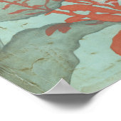 背景に赤い花のシルエットティール(緑がかった色) ポスター (角)