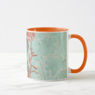背景に赤い花のシルエットティール(緑がかった色) マグカップ