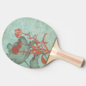 背景に赤い花のシルエットティール(緑がかった色) 卓球ラケット (横)