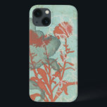 背景に赤い花のシルエットティール（緑がかった色） iPhone 13ケース<br><div class="desc">3つの赤い花のコントラストこのティール（緑がかった色）の背景に絵画Megan Meagherによって。別の花のシルエットが離れプリントから傾いている。多シンプルく続く作品。これは芸術を楽しむ友人や愛する人に素敵な贈り物になるだろう！</div>